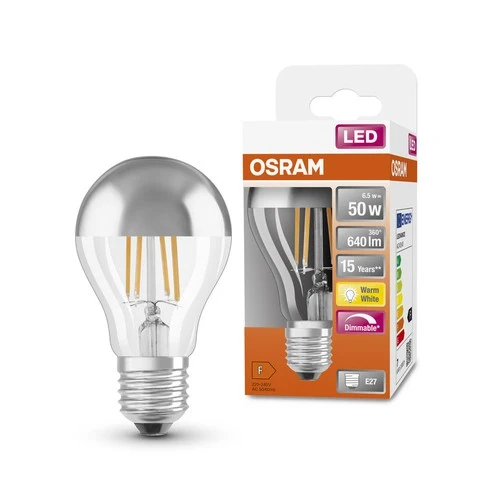OSRAM LED-Lampen, klassische Kolbenform, mit Spiegel-Kolbenkrone, dimmbar, 50 Watts Ersatz, E27, A-shape, 2700 Kelvin, Warm weiß, Klares Glas