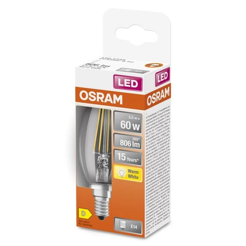 OSRAM Filament LED Lampe mit E14 Sockel, Kerzenform, Warmweiss (2700K), 6W, Ersatz für 60W-Glühbirne, LED Retrofit CLASSIC B