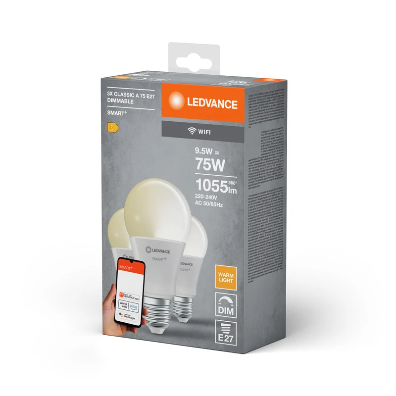 LEDVANCE SMART+ WiFi Classic Dimmable in A-Form, LED-Lampe, Matt, 9,5 W, (ex 75 W), 1055 lm, Warmweiß, 2700 K, Wifi, Smartspeaker-Kompatibel, Dimmbar, 3er