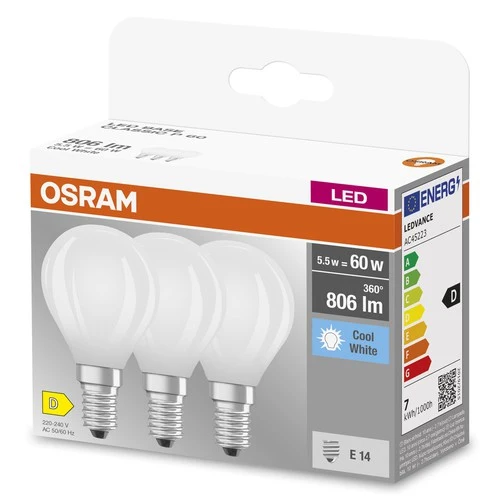 OSRAM LED BASE RETRO MATT CLP LED-Lampen, klassische Miniballform 5,5W E14 840, 3er Pack , Kaltweiß