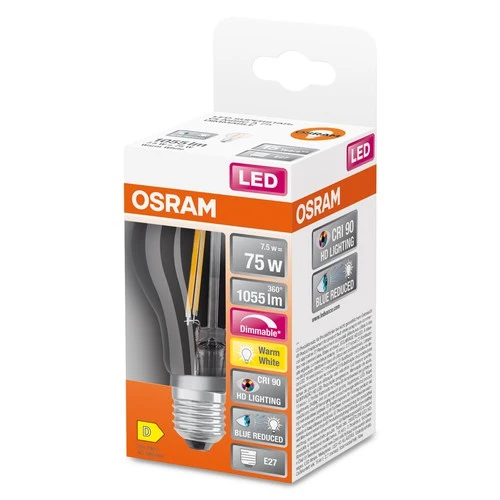 OSRAM Dimmbare LED-Lampe LED SUPERSTAR+ CL A FIL 75 dim 7,5W/927 E27 CRI90 BOX, E27 , Warmweiß