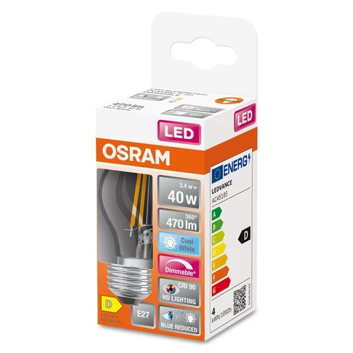 OSRAM FILAMENT LED-Lampe LED SUPERSTAR+ CL P GL FR 40 dim 3,4W/927 E27 CRI90 BOX, E27 , Kaltweiß