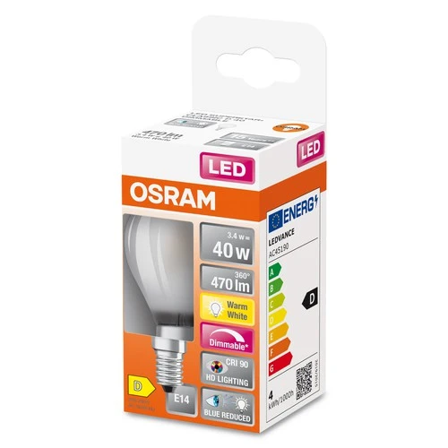 OSRAM FILAMENT LED-Lampe LED SUPERSTAR+ CL P GL FR 40 dim 3,4W/940 E14 CRI90 BOX , Warmweiß