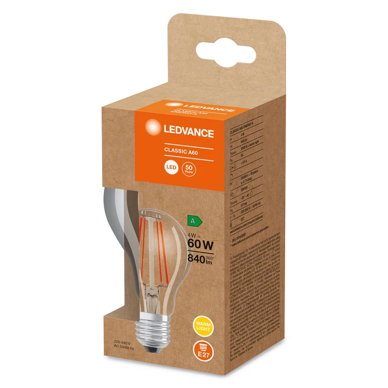 LEDVANCE LED CLASSIC A ENERGY EFFICIENCY A S in A-Form, LED-Lampe, Glas, Klar, 4 W, (ex 60 W), 840 lm, Warmweiß, 3000 K, Energieeffizienzklasse: A, 50000 h, CRI ≥80