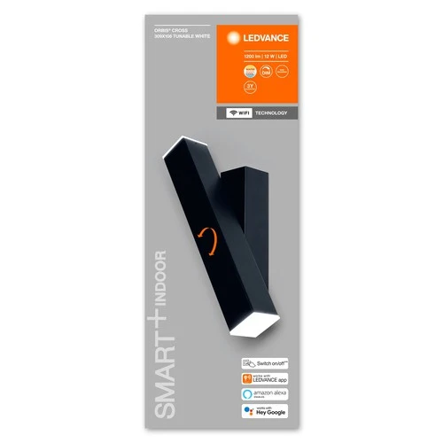 LEDVANCE SMART+ WIFI ORBIS WALL CROSS – Wandleuchte, dimmbar mit WIFI-Technologie per App, 12W, 3000 - 6500K warmweiß bis kaltweiß, 600 Lumen, up and down Licht, 30x 10cm, schwarz