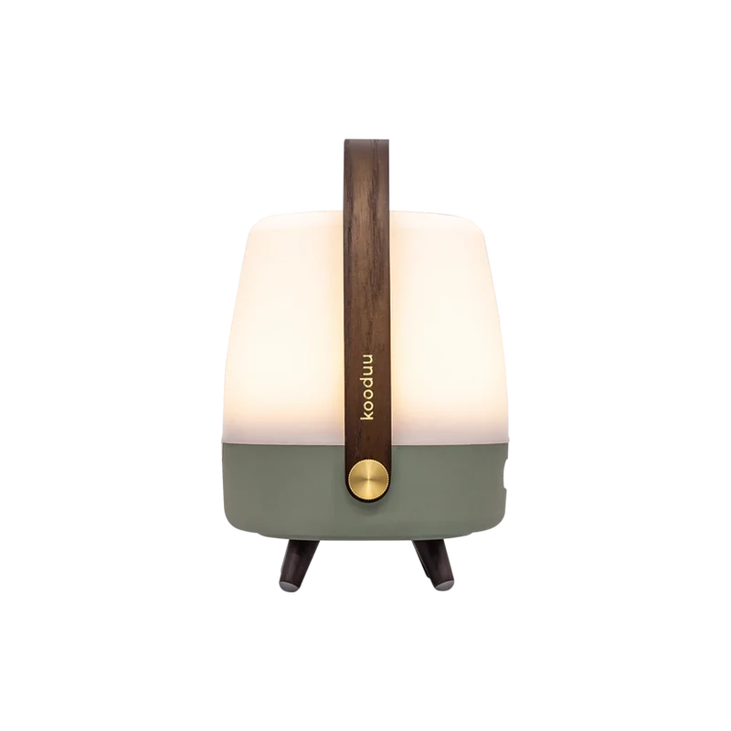 Lautsprecherleuchte aus Polyethylen mit Holzgriff und Messingakzenten - Lite-up Play Mini | Kooduu