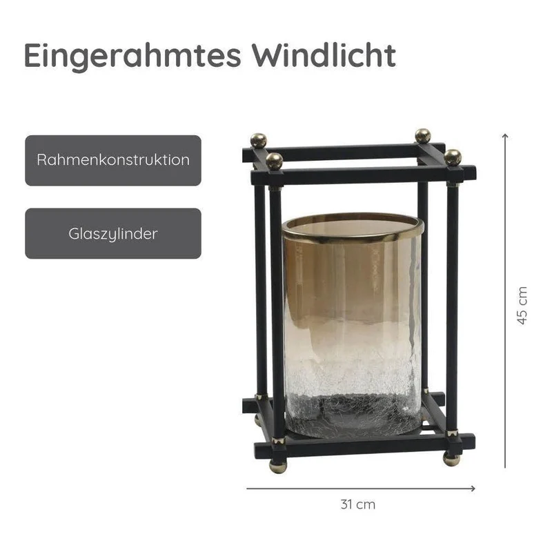 Windlicht – Schwarzes Eisen, Quadratische Form, Glanzglas-Optik - Xylon | PTMD