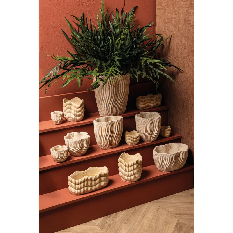 Topf - Runder Zement, Rillenmuster, Wellenlinienmuster, Cremefarbe, M – Kiera | PTMD
