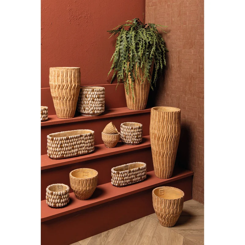 Topf - Hoher runder Zement, Rillenmuster, Hellbraun, S – Zanaya | PTMD