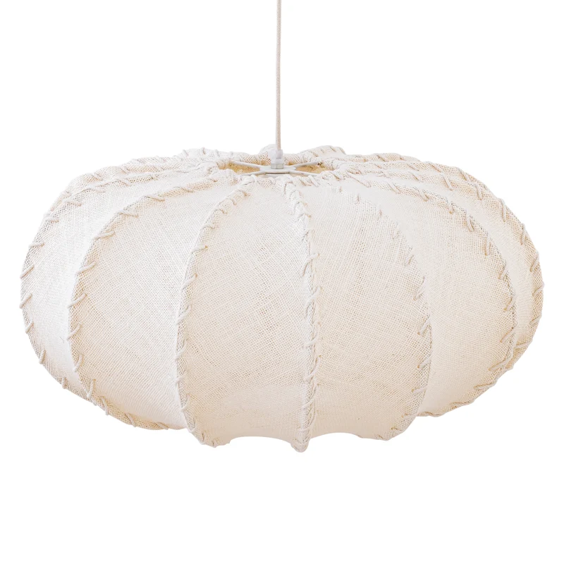 Pendelleuchte aus Jute und Eisen mit Cremeton und Flechtoptik in flachrunder Form, L – Myka | PTMD