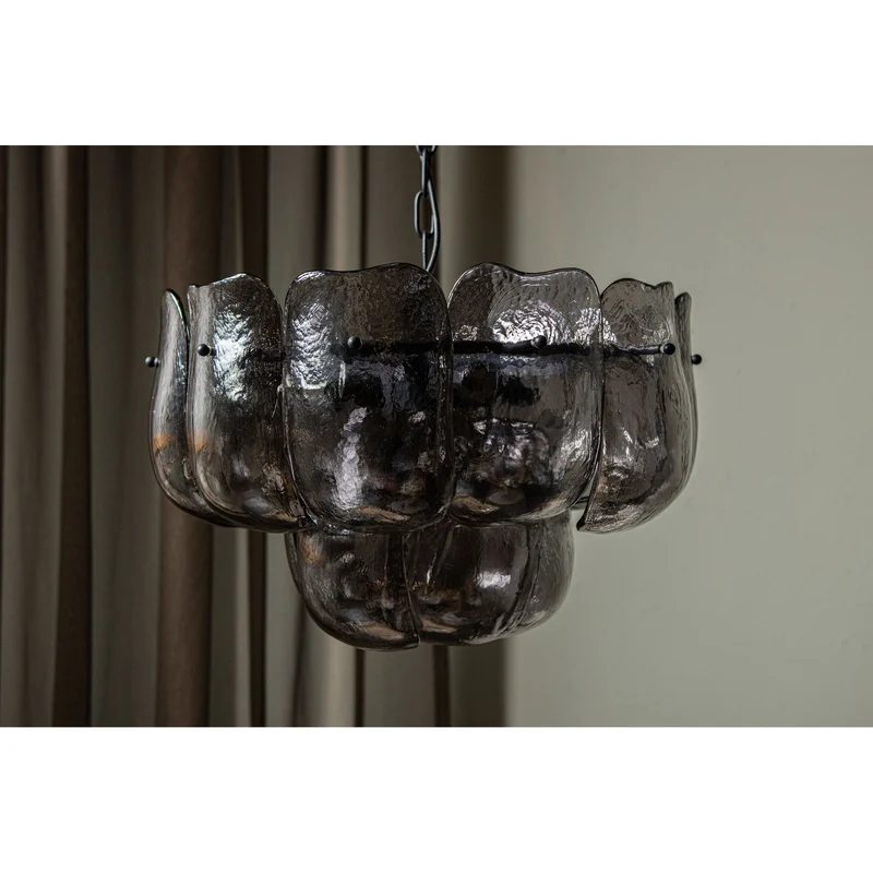 Pendelleuchte aus Glas und Eisen mit gunmetalfarbener Optik und runder Form, S – Vila | PTMD