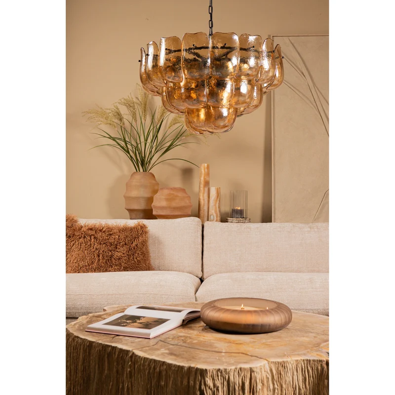 Pendelleuchte aus Glas und Eisen mit bernsteinfarbener Optik und runder Form, L – Vila | PTMD