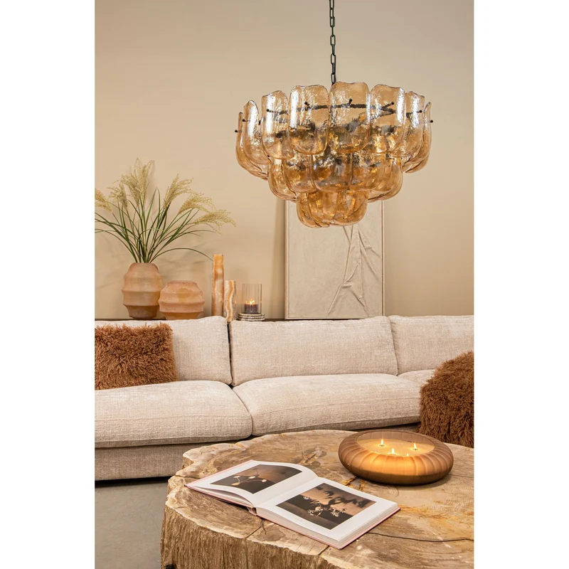 Pendelleuchte aus Glas und Eisen mit bernsteinfarbener Optik und runder Form, L – Vila | PTMD