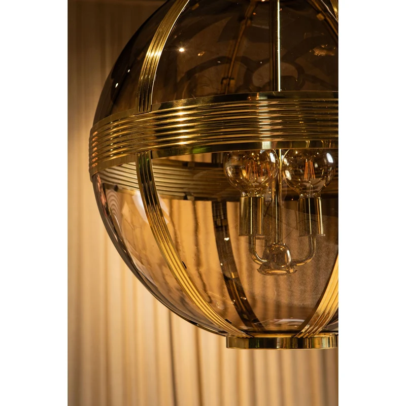 Pendelleuchte aus Glas und Metall, antik-messingfarbene Optik, rundes Design, mit Baldachin, L – Mikk | PTMD