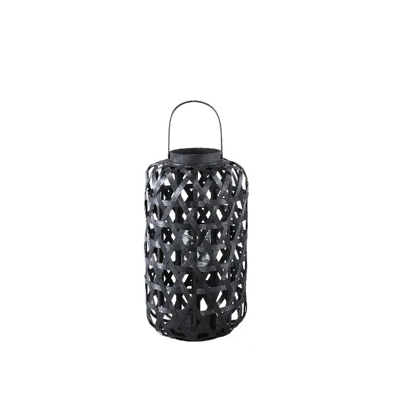 Laterne – Rundes Bambus Design, Glas Einsatz, Schwarzer Farbton, S – Mayita | PTMD
