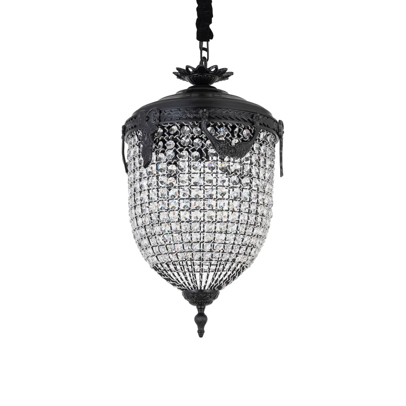 Pendelleuchte aus Kristall, Glas und Metall, ovales Klassik-Design, anthrazitfarbene Optik, mit Baldachin, L – Lidde | PTMD