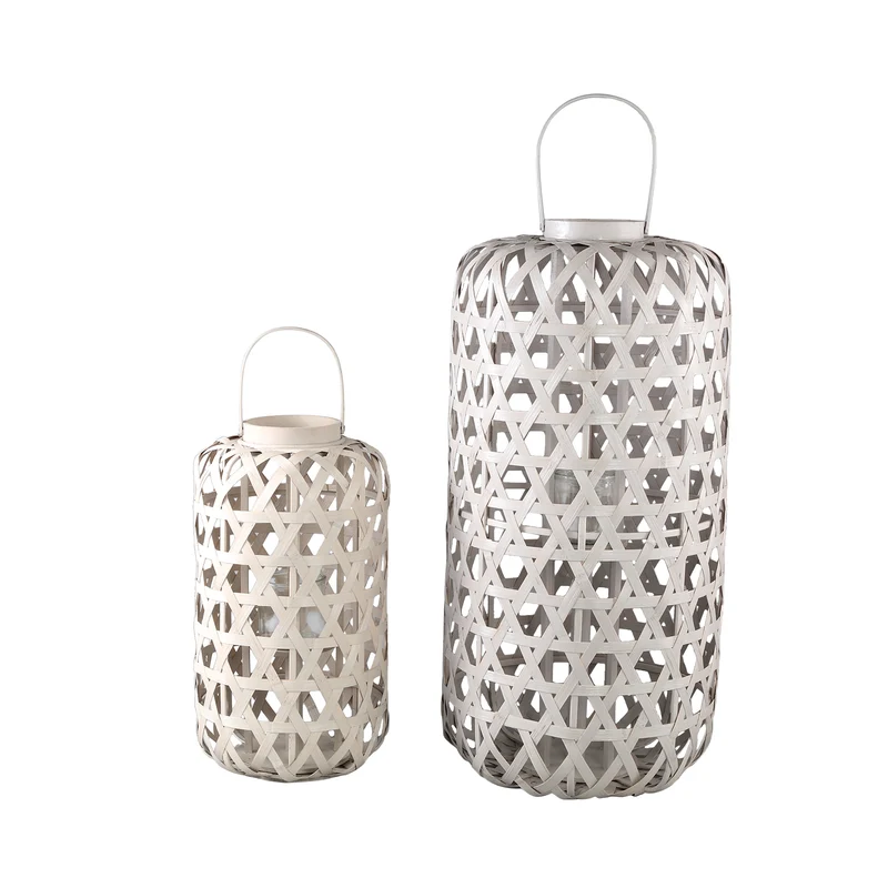 Laterne – Rundes Bambus Design, Glas Einsatz, Sand Farbton, L – Mayita | PTMD