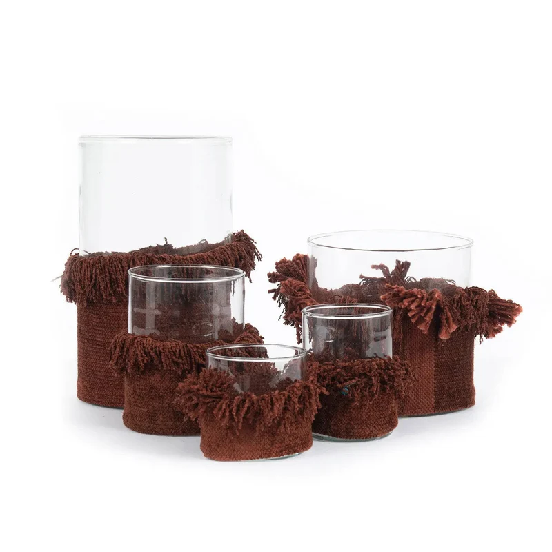 Windlicht – Samtmaterial, Dekorativer Glasbehälter, Bordeauxfarbe, XL – Oh My Gee | Bazar Bizar Antwerp