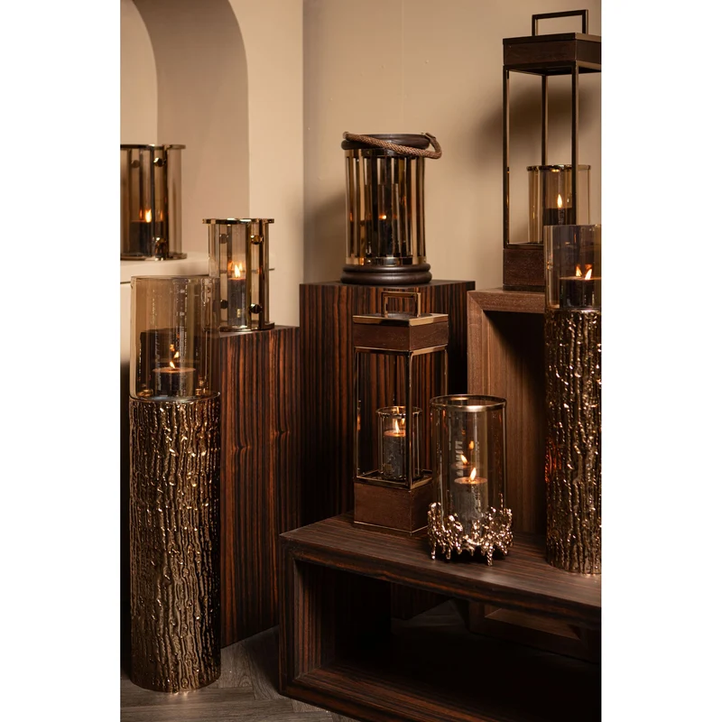 Windlicht – Braun Goldfarbenes Eisengestell, Bernstein Lüster Glas, Bodendesign, L – Rezy | PTMD
