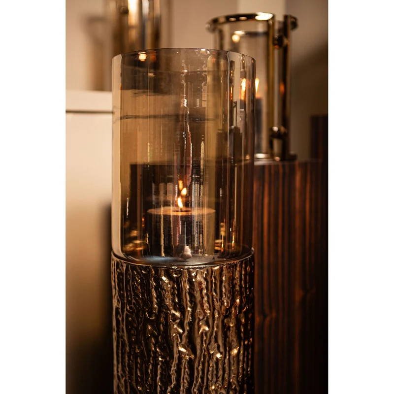 Windlicht – Braun Goldfarbenes Eisengestell, Bernstein Lüster Glas, Bodendesign, L – Rezy | PTMD