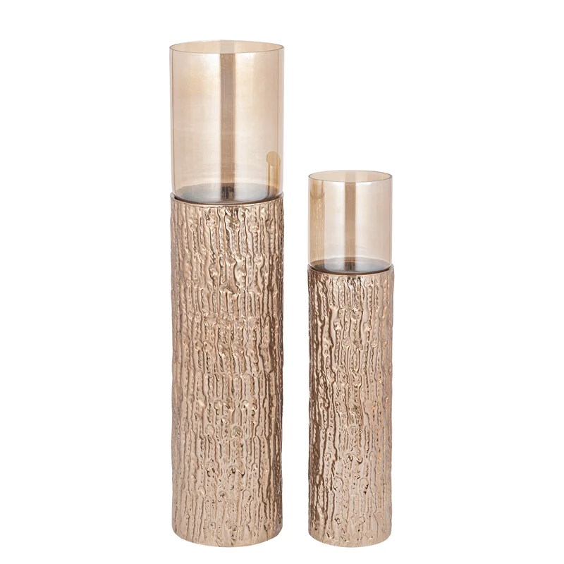 Windlicht – Braun Goldfarbenes Eisengestell, Bernstein Lüster Glas, Bodendesign, L – Rezy | PTMD
