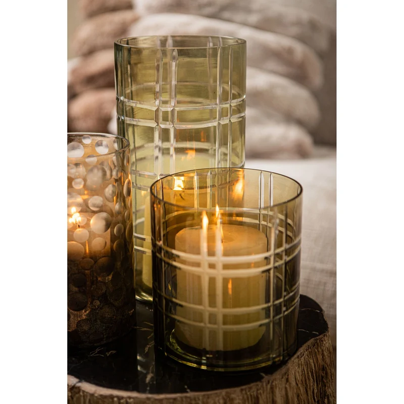 Windlicht – Streifen Design, Runde Form, Glas Material, Grün, L – Divit | PTMD