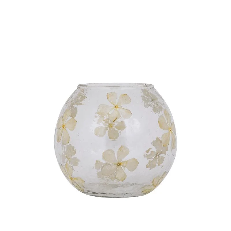 Windlicht – Blumendesign, Runde Form, Glasmaterial, Creme – Faron | PTMD