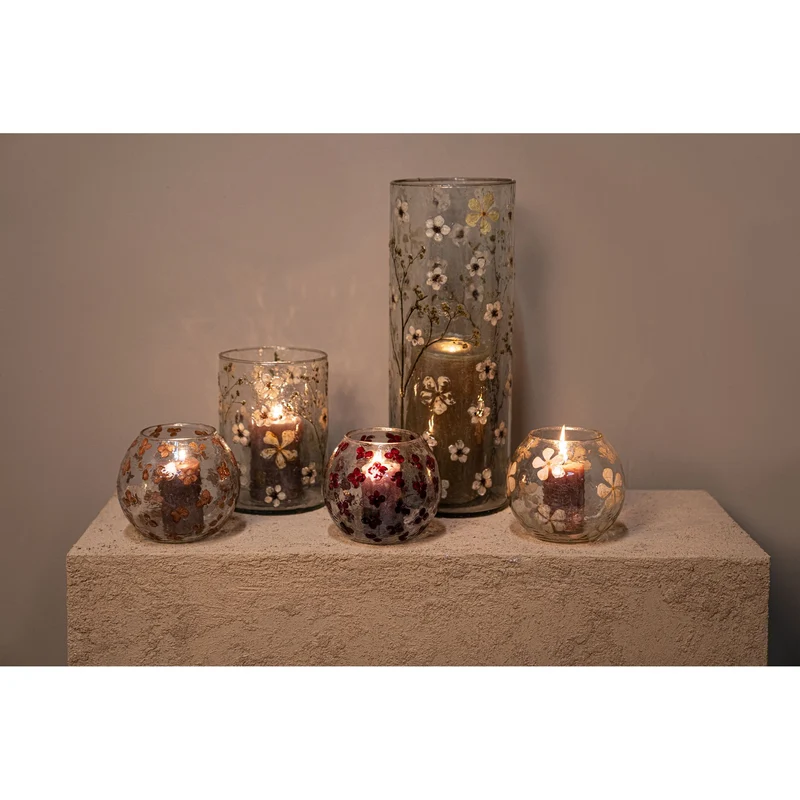 Windlicht – Blumendesign, Runde Form, Glasmaterial, Creme – Faron | PTMD