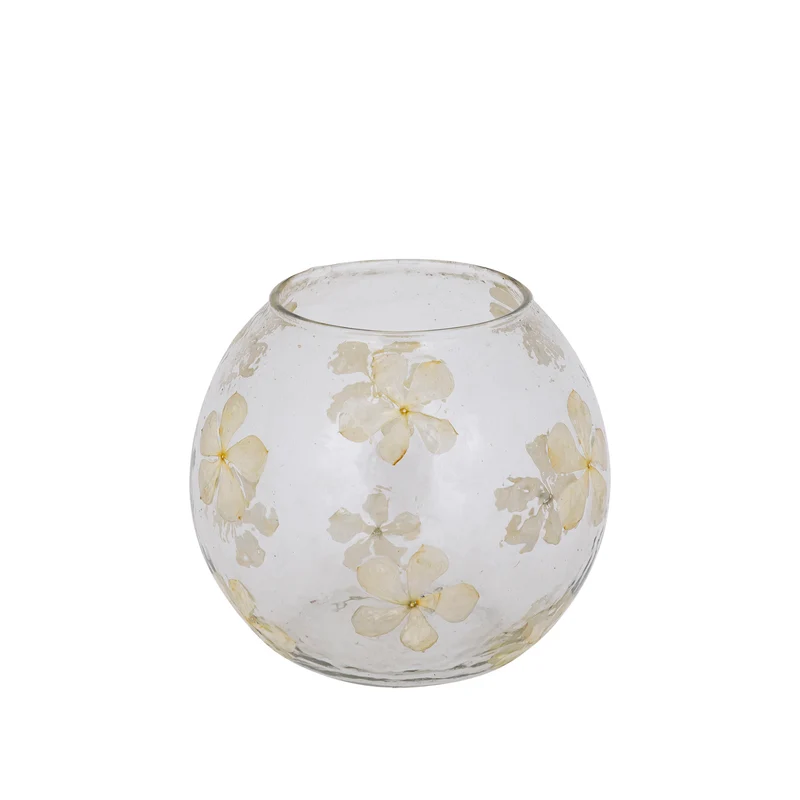 Windlicht – Blumendesign, Runde Form, Glasmaterial, Creme – Faron | PTMD
