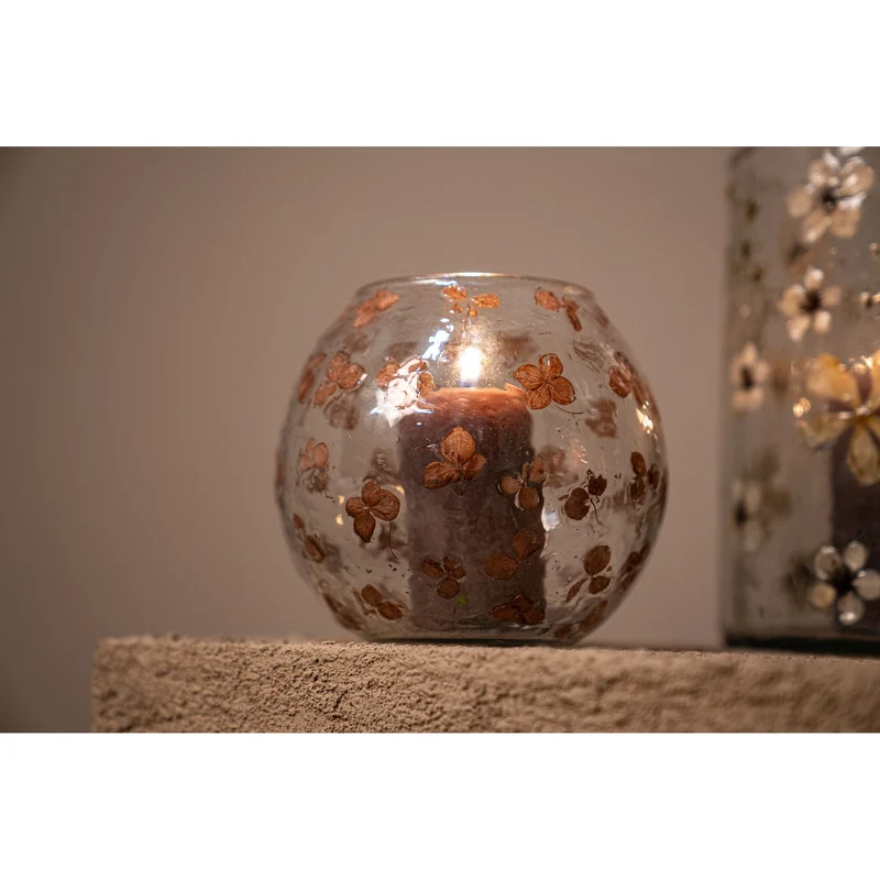 Windlicht – Blumendesign, Runde Form, Glasmaterial, Braun – Faron | PTMD