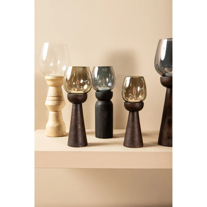 Windlicht – Modernes Design, Quadratische Form, Mangoholz Glas Material, Schwarz, XL – Qez | PTMD