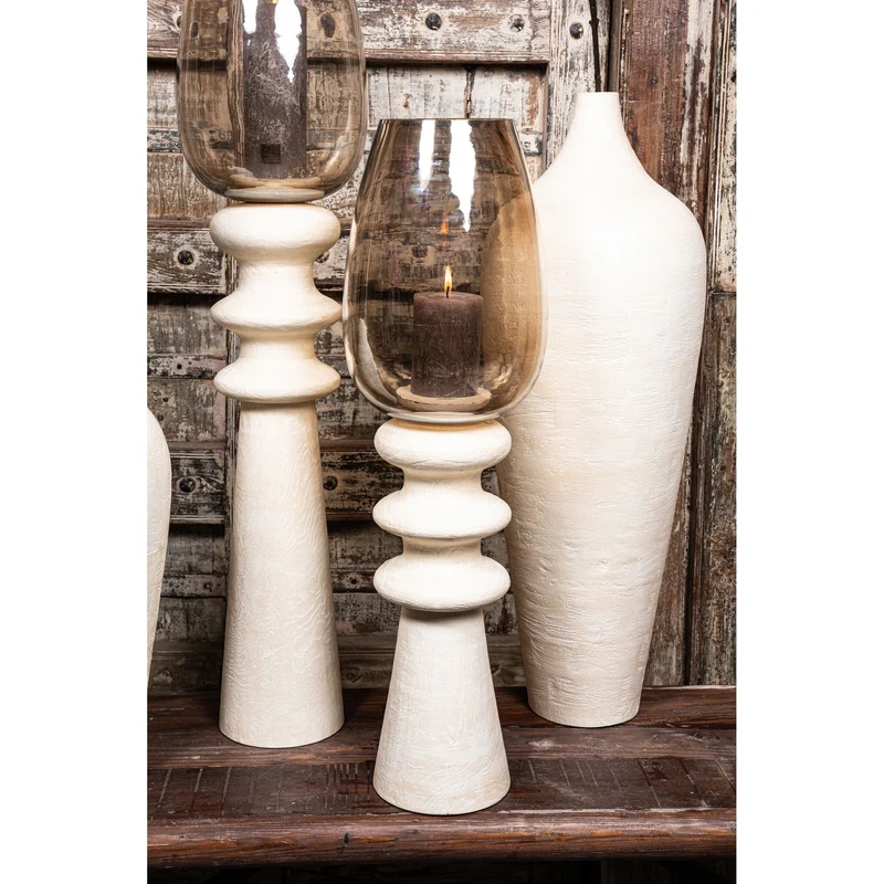 Windlicht – Modernes Design, Quadratische Form, Mangoholz Glas Material, Creme, L – Omya | PTMD