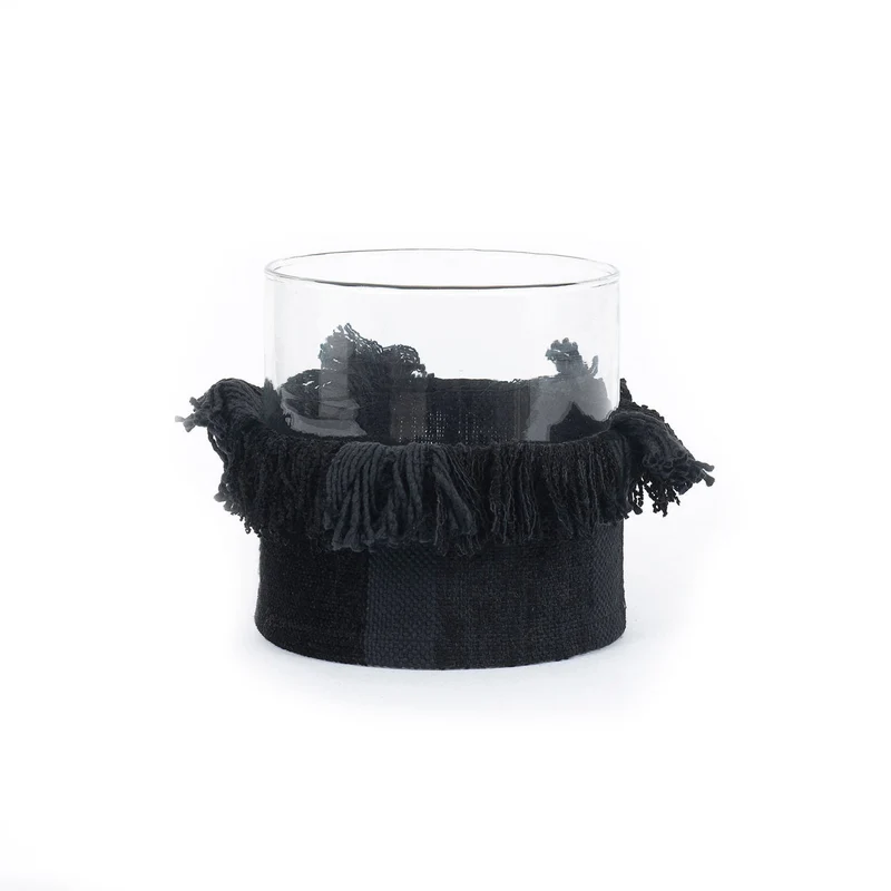 Windlicht – Samtmaterial, Dekorativer Glasbehälter, Schwarze Farbe, XL – Oh My Gee | Bazar Bizar Antwerp