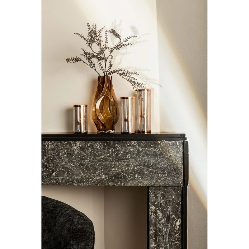 Windlicht – Glas mit Längsstreifen, Kupferfarbener Metallrand, Zylindrische Form, L - Ella | PTMD
