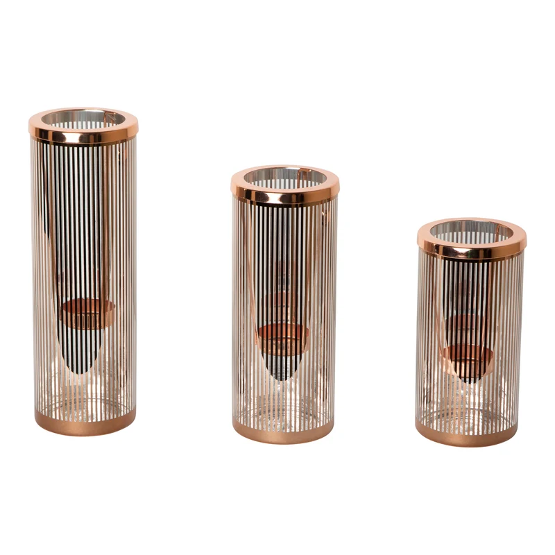 Windlicht – Glas mit Längsstreifen, Kupferfarbener Metallrand, Zylindrische Form, L - Ella | PTMD