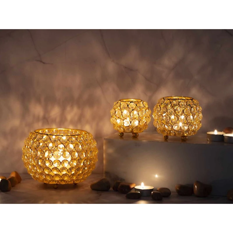 Windlicht – Metalldraht, Kristall Design, Gold Farbe - Crystal | MVG Voglrieder