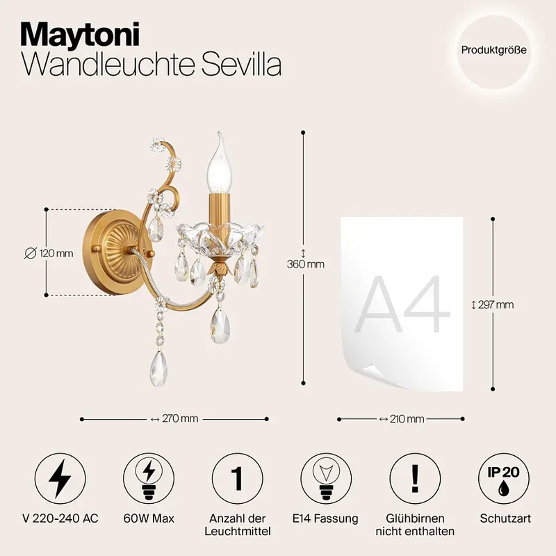 Wandleuchte – Goldfarbenes Metall, Kristallschirm, 1× E14 Fassung, 60 W Leistung - Sevilla | Maytoni