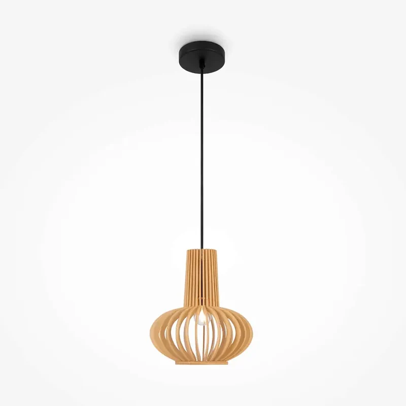 Pendelleuchte – Schwarzes Metall, Holzschirm, Vasen Design, E27 Fassung, IP20 Schutz, Ø35 cm - Roots | Maytoni