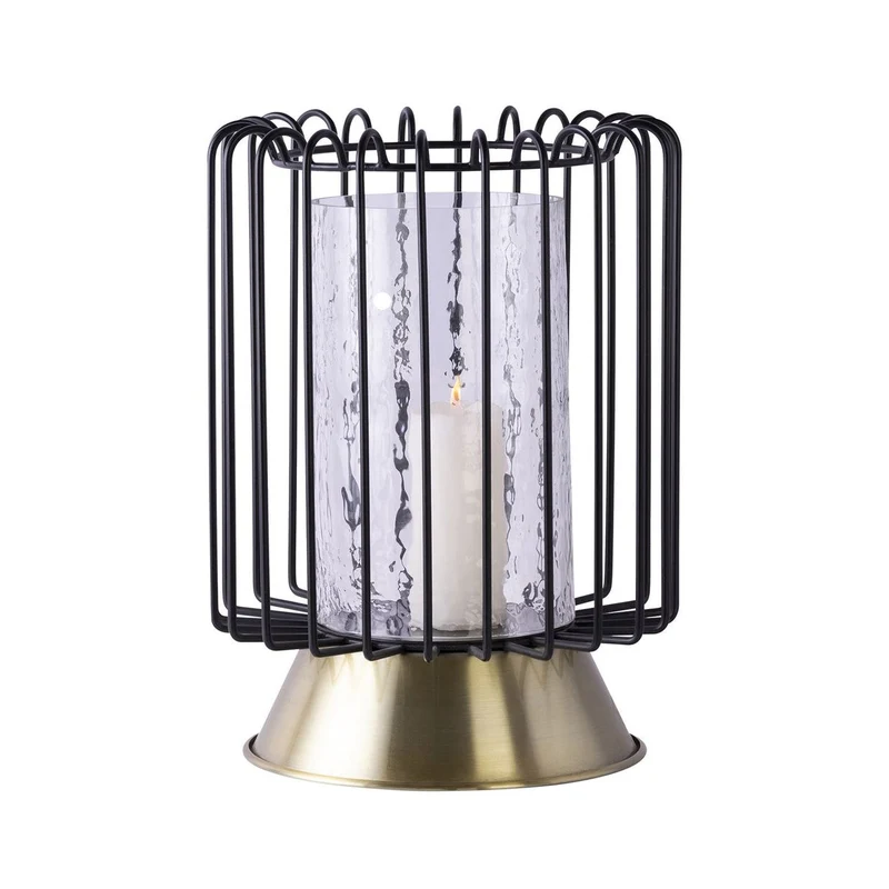 Windlicht – Drahtgeflecht Design, Gehämmertes Glas, Schwarz Gold, Höhe 31 cm - Malibu 225 | Kayoom