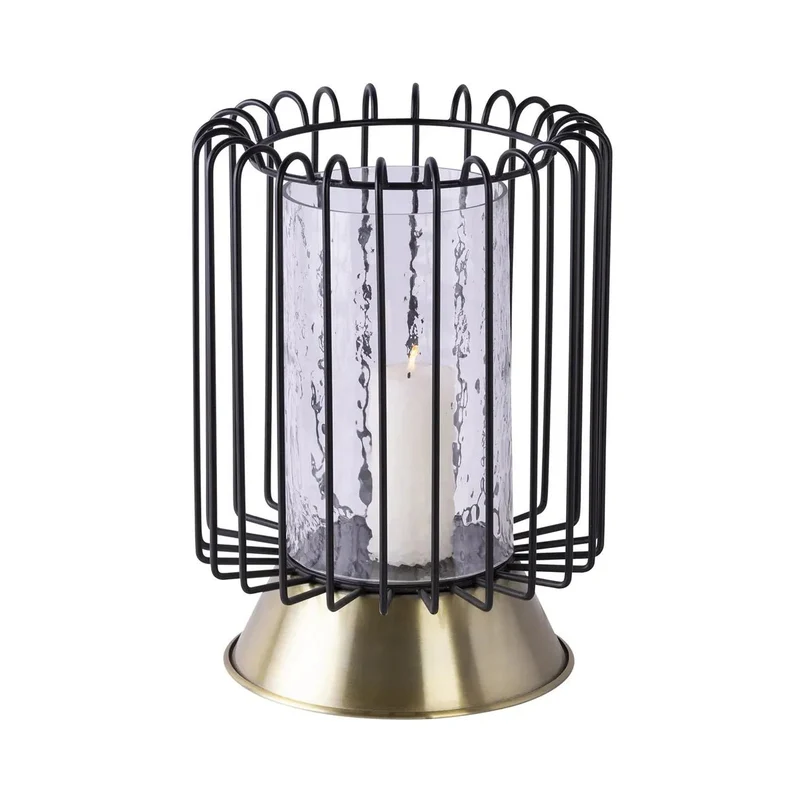 Windlicht – Drahtgeflecht Design, Gehämmertes Glas, Schwarz Gold, Höhe 31 cm - Malibu 225 | Kayoom