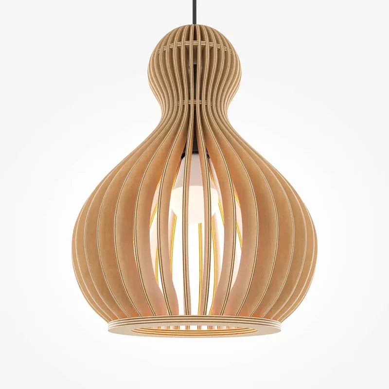 Pendelleuchte – Schwarzes Metall, Holzschirm, Birnenform, E27 Fassung, IP20 Schutz, Ø30 cm - Roots | Maytoni