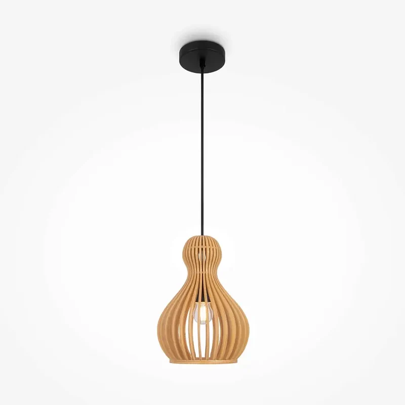 Pendelleuchte – Schwarzes Metall, Holzschirm, Birnenform, E27 Fassung, IP20 Schutz, Ø20 cm - Roots | Maytoni