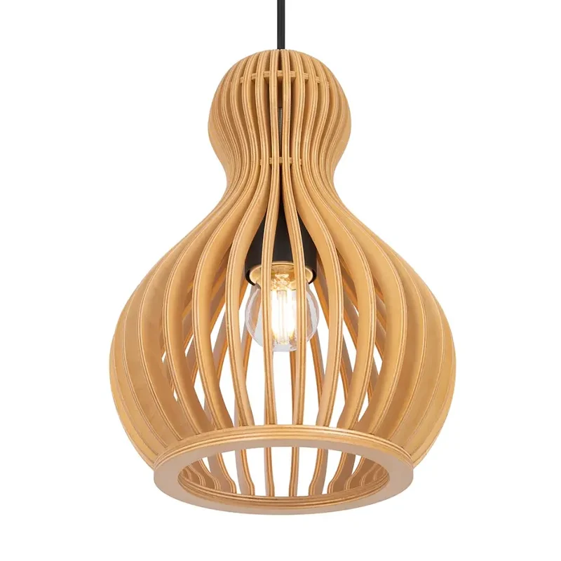 Pendelleuchte – Schwarzes Metall, Holzschirm, Birnenform, E27 Fassung, IP20 Schutz, Ø20 cm - Roots | Maytoni