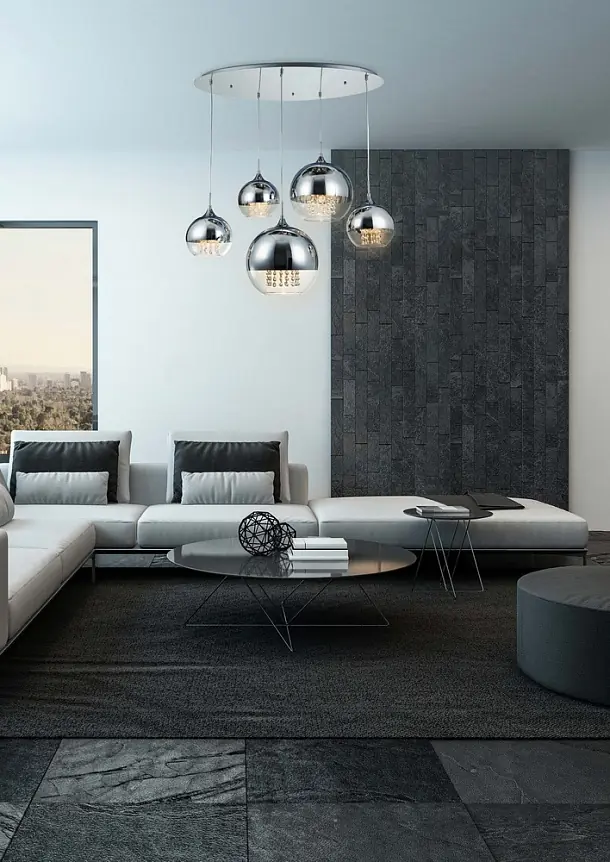 Pendelleuchte – Nickel-Metall, Transparentes Glas, 5 × E27, Höhe 95 cm - Fermi | Maytoni