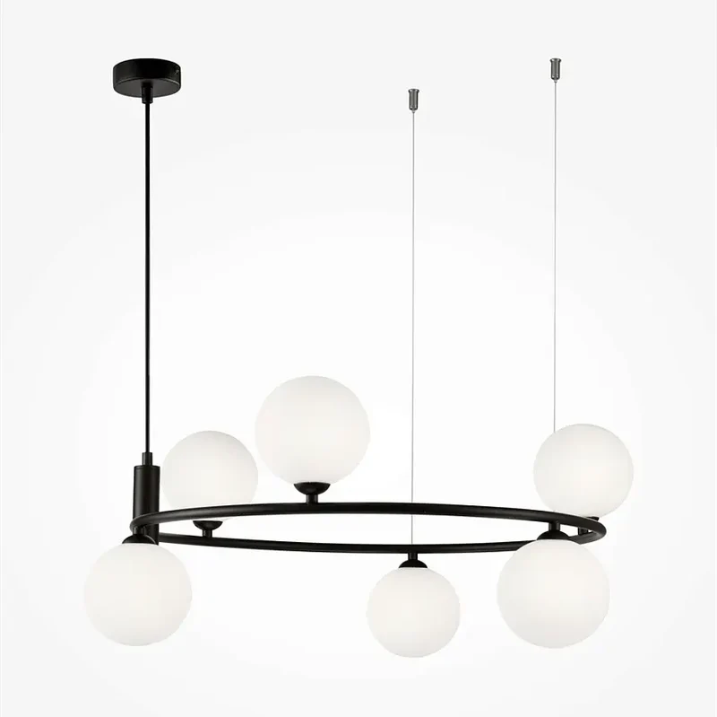 Pendelleuchte – Schwarzes Metall, Sechs G9-Fassungen, Glasschirme, IP20 Schutz - Ring | Maytoni