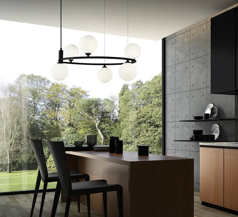 Pendelleuchte – Schwarzes Metall, Sechs G9-Fassungen, Glasschirme, IP20 Schutz - Ring | Maytoni