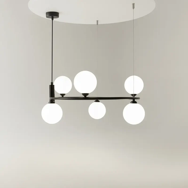 Pendelleuchte – Schwarzes Metall, Sechs G9-Fassungen, Glasschirme, IP20 Schutz - Ring | Maytoni