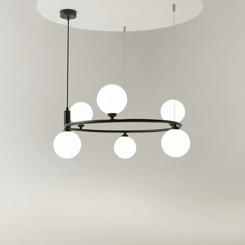Pendelleuchte – Schwarzes Metall, Sechs G9-Fassungen, Glasschirme, IP20 Schutz - Ring | Maytoni