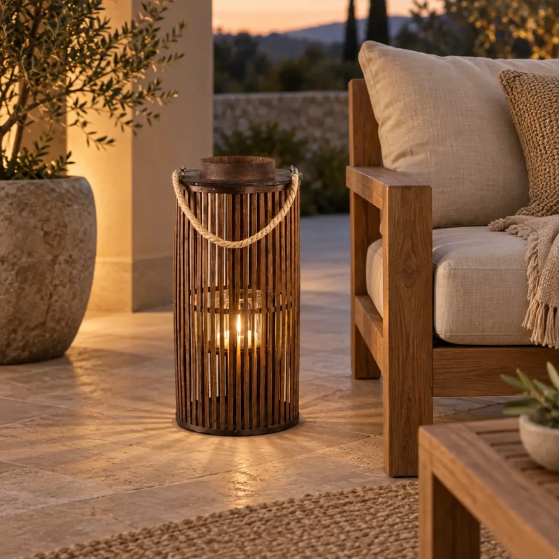 Laterne – Brauner Bambus, Runde Form, Glasdetails, S - Zafria | PTMD