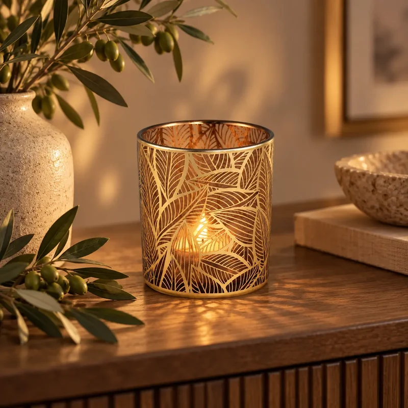 Teelichthalter aus Glas mit Blattmuster & Goldfinish L – Sariska | PTMD